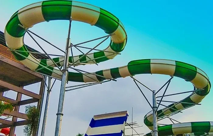 Curved radial steel support trusses and flume framework for Bliss Waterpark slide towers