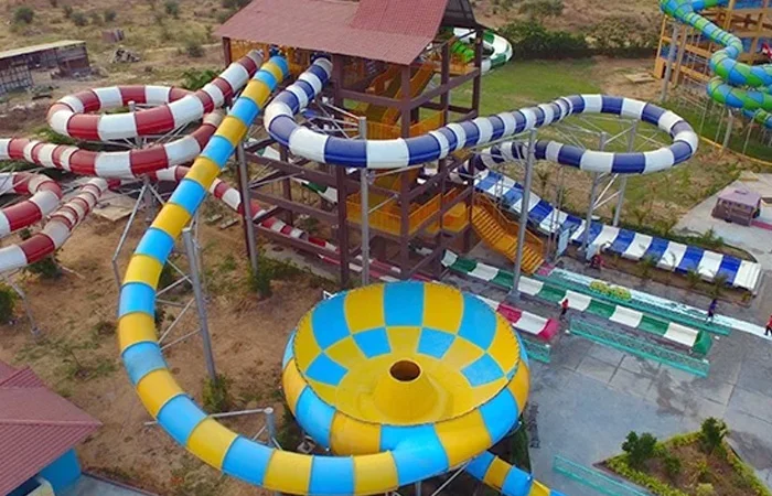 Bliss Waterpark structural steel slide launch platforms and spiral flume towers